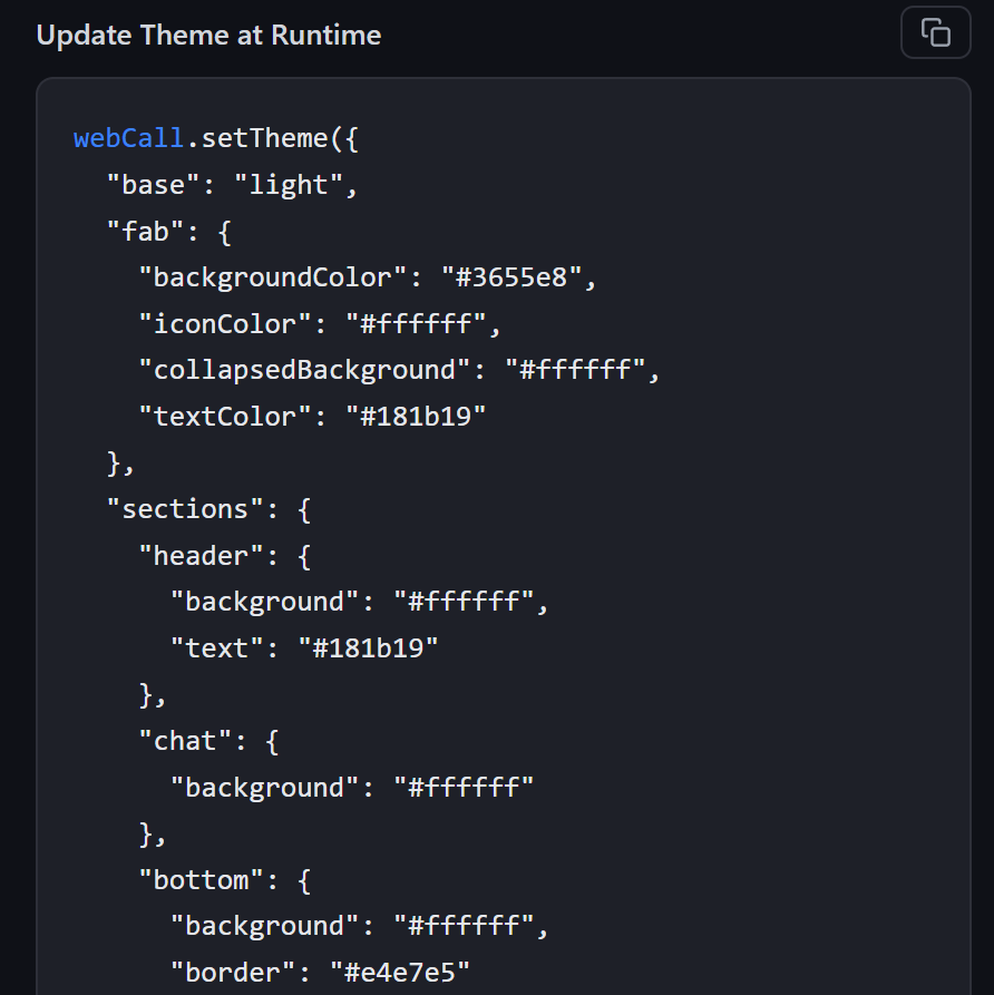 Generated setTheme call containing a full widget theme configuration