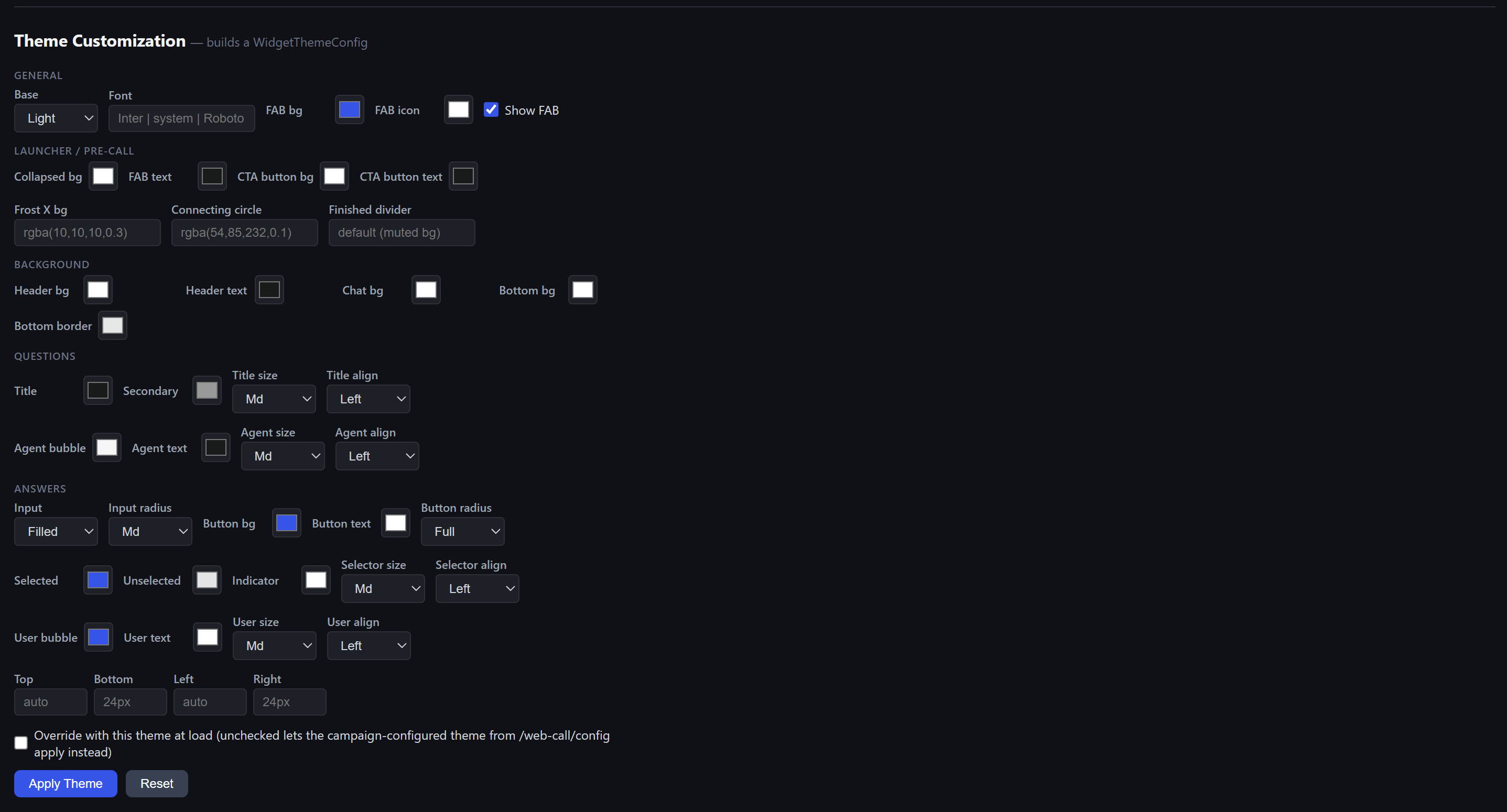 Theme customization panel with General, Launcher, Background, Questions, and Answers groups