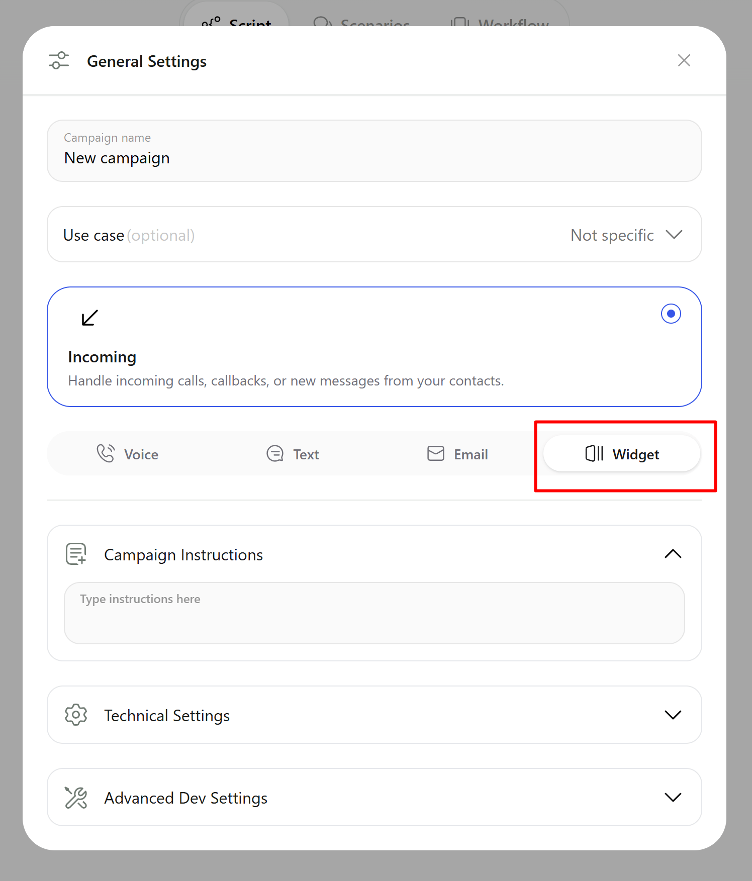 General Settings modal with the Widget channel selected