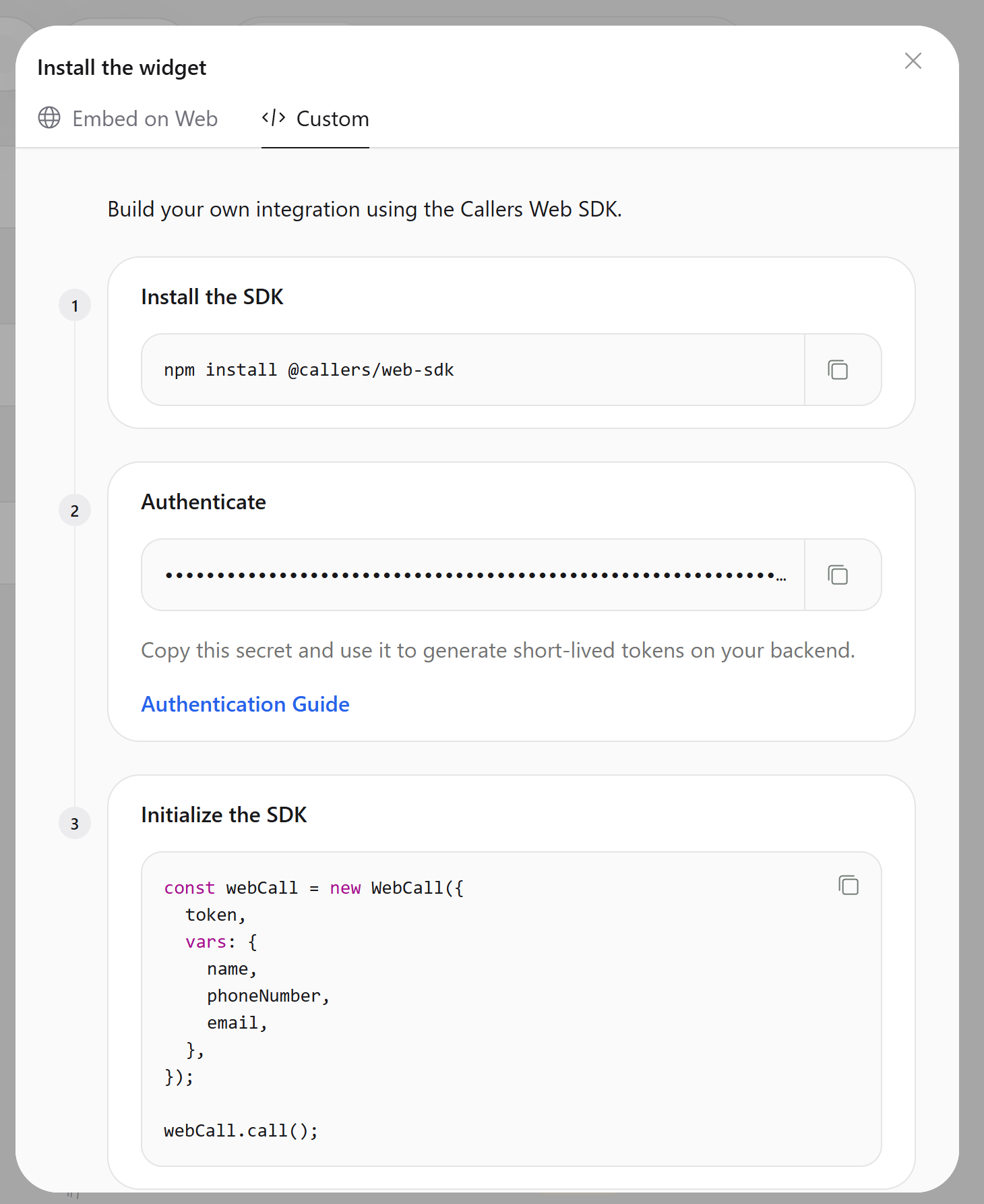 Install the widget modal showing the Custom SDK tab
