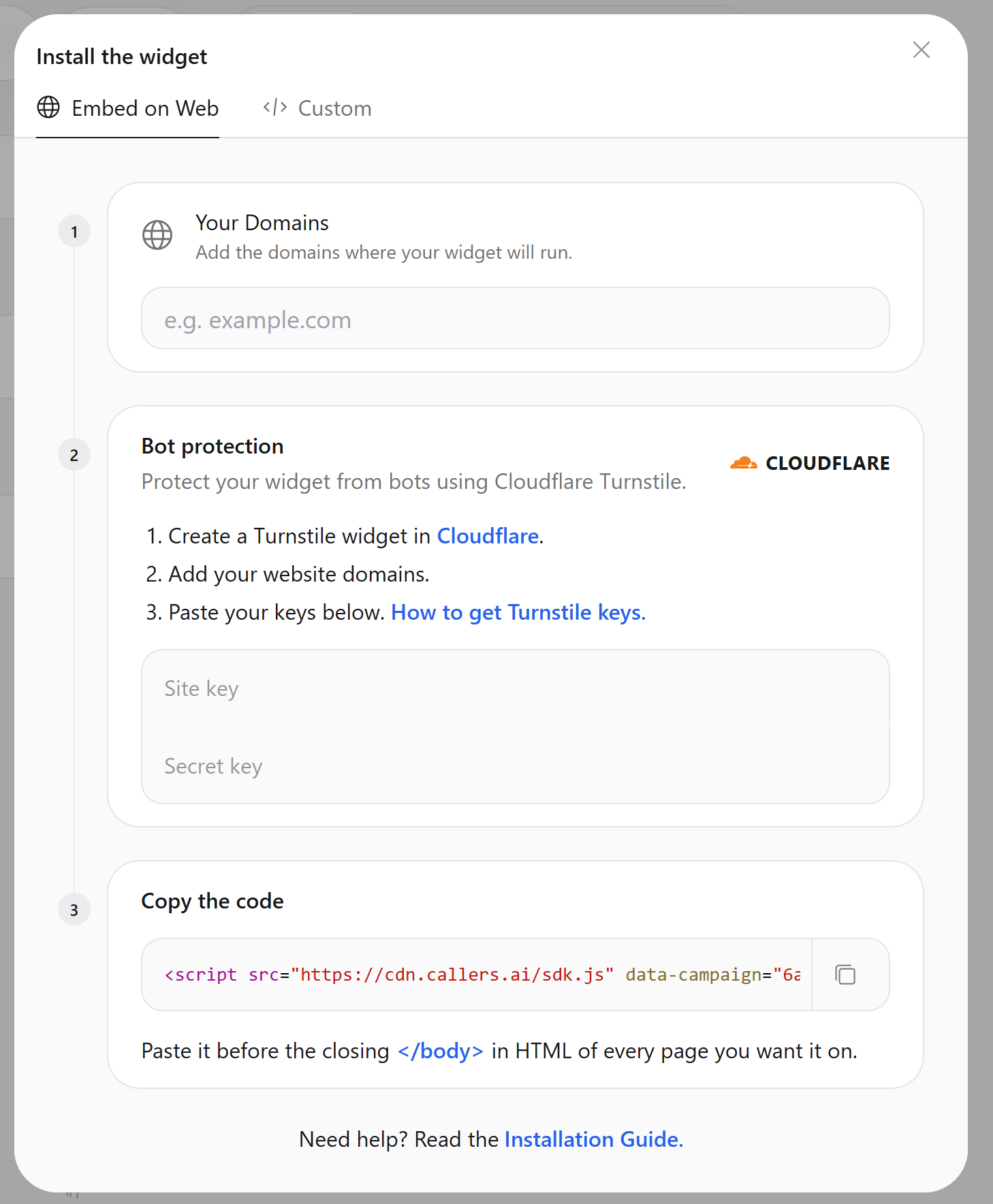 Install the widget modal showing the Embed on Web tab