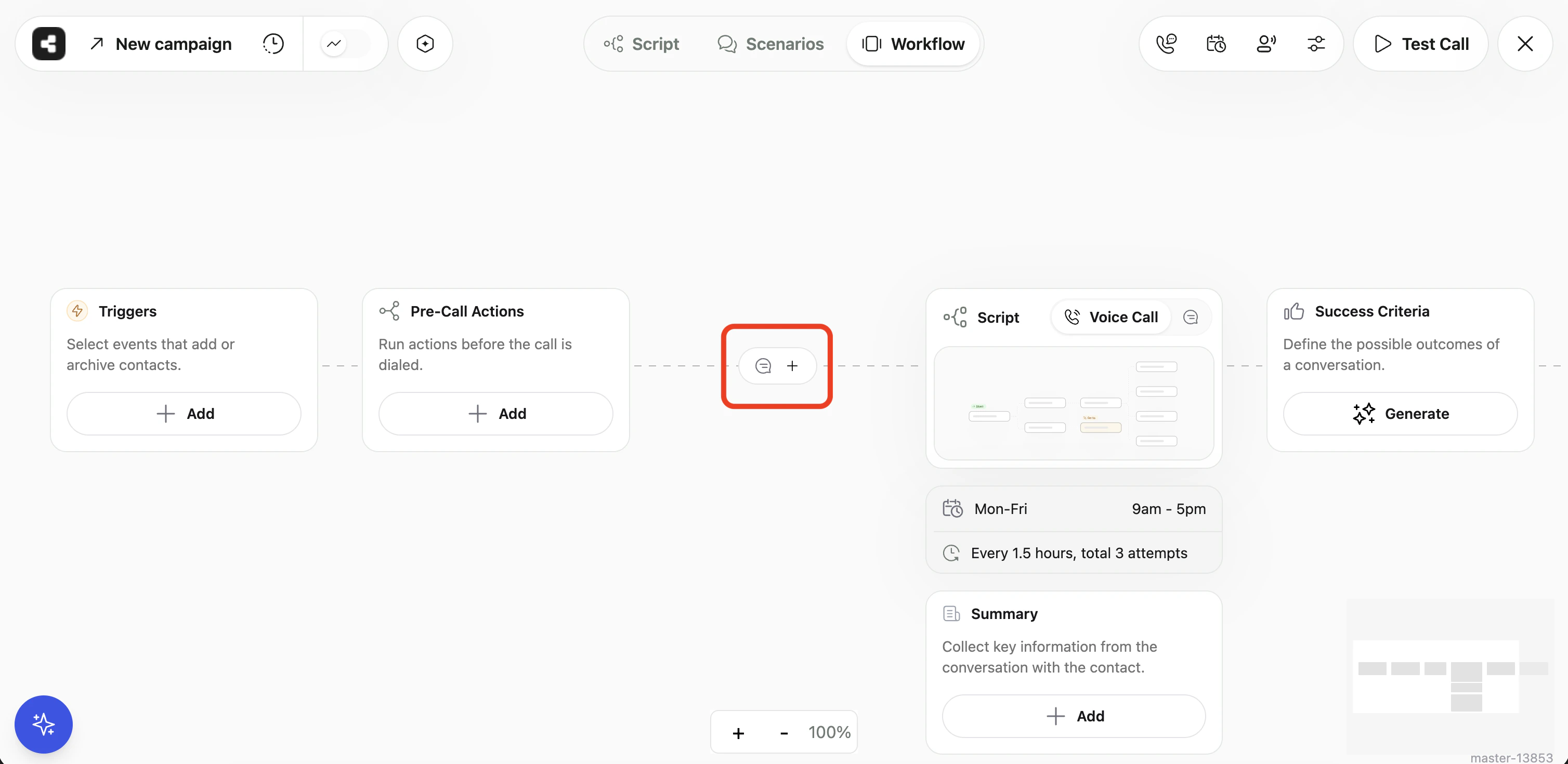 Campaign workflow showing the Pre-Call Chat node