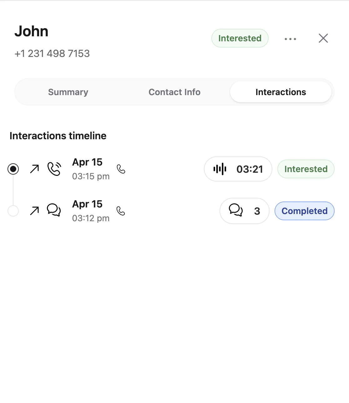 Contact sidebar interactions timeline