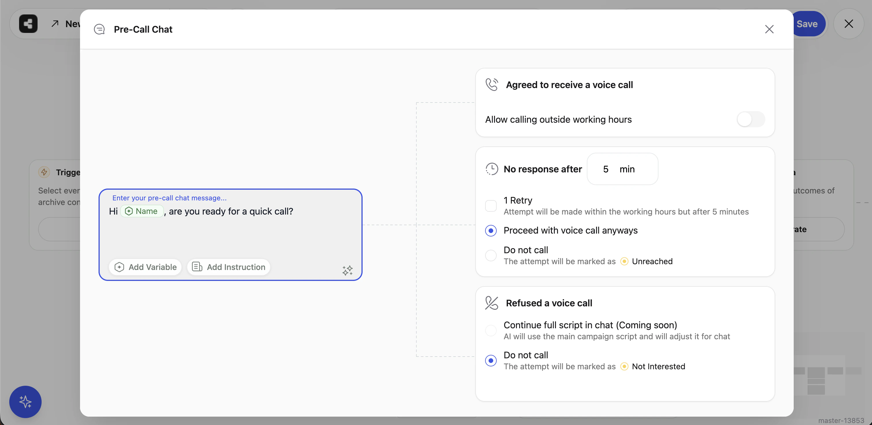 Pre-Call Chat configuration modal