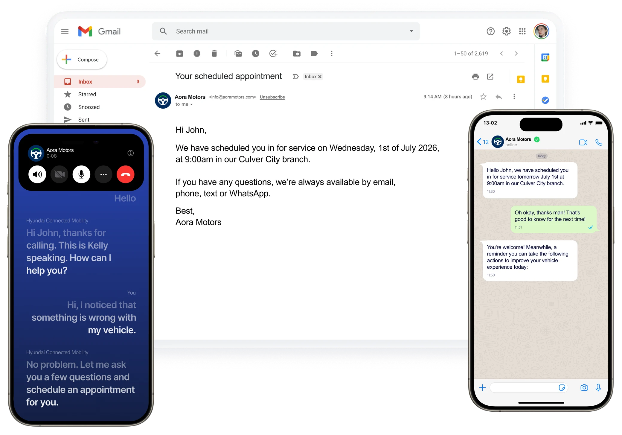 Three devices showing the same appointment confirmation in Gmail, in a voice call, and in WhatsApp