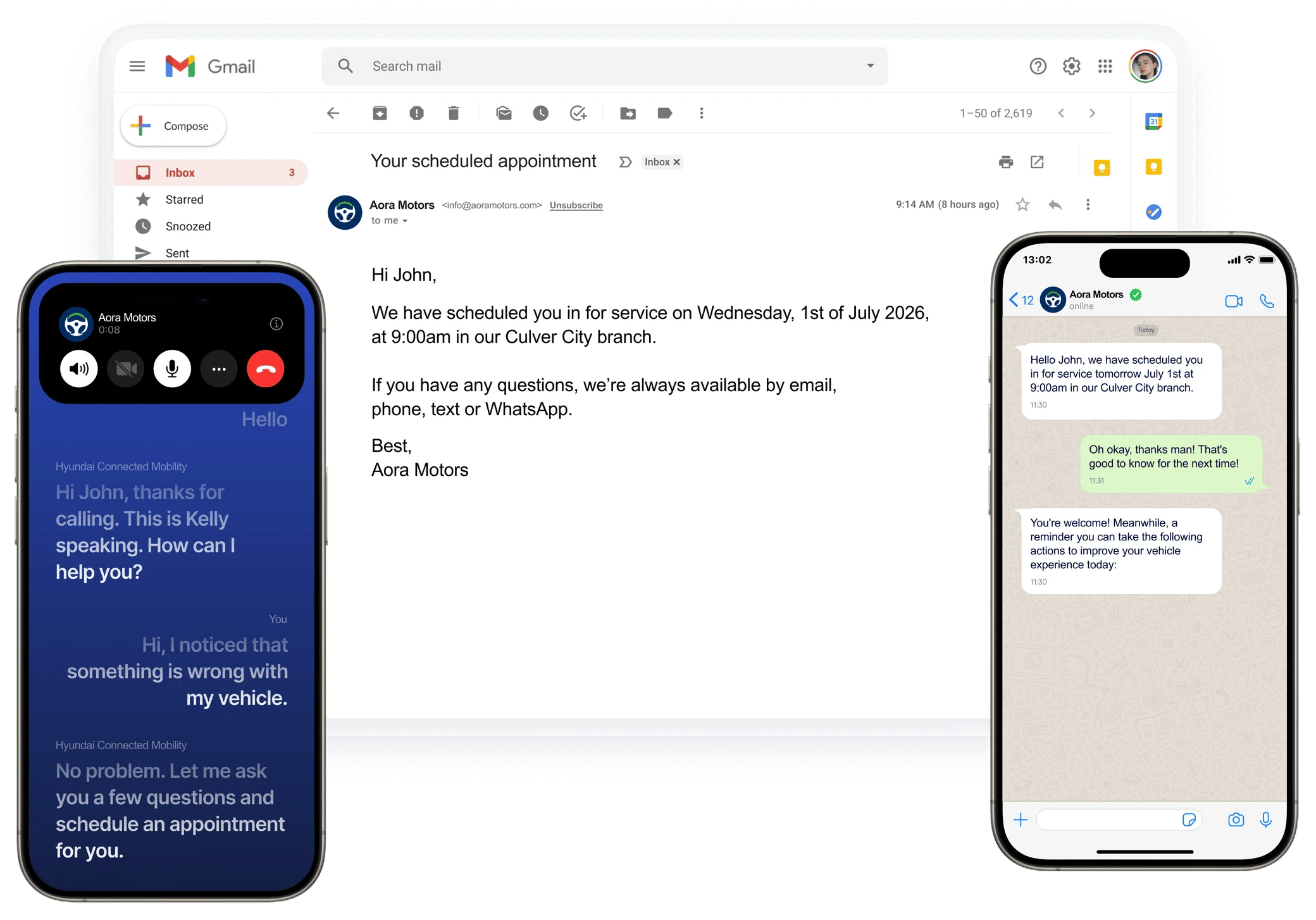 Three devices showing the same appointment confirmation in Gmail, in a voice call, and in WhatsApp