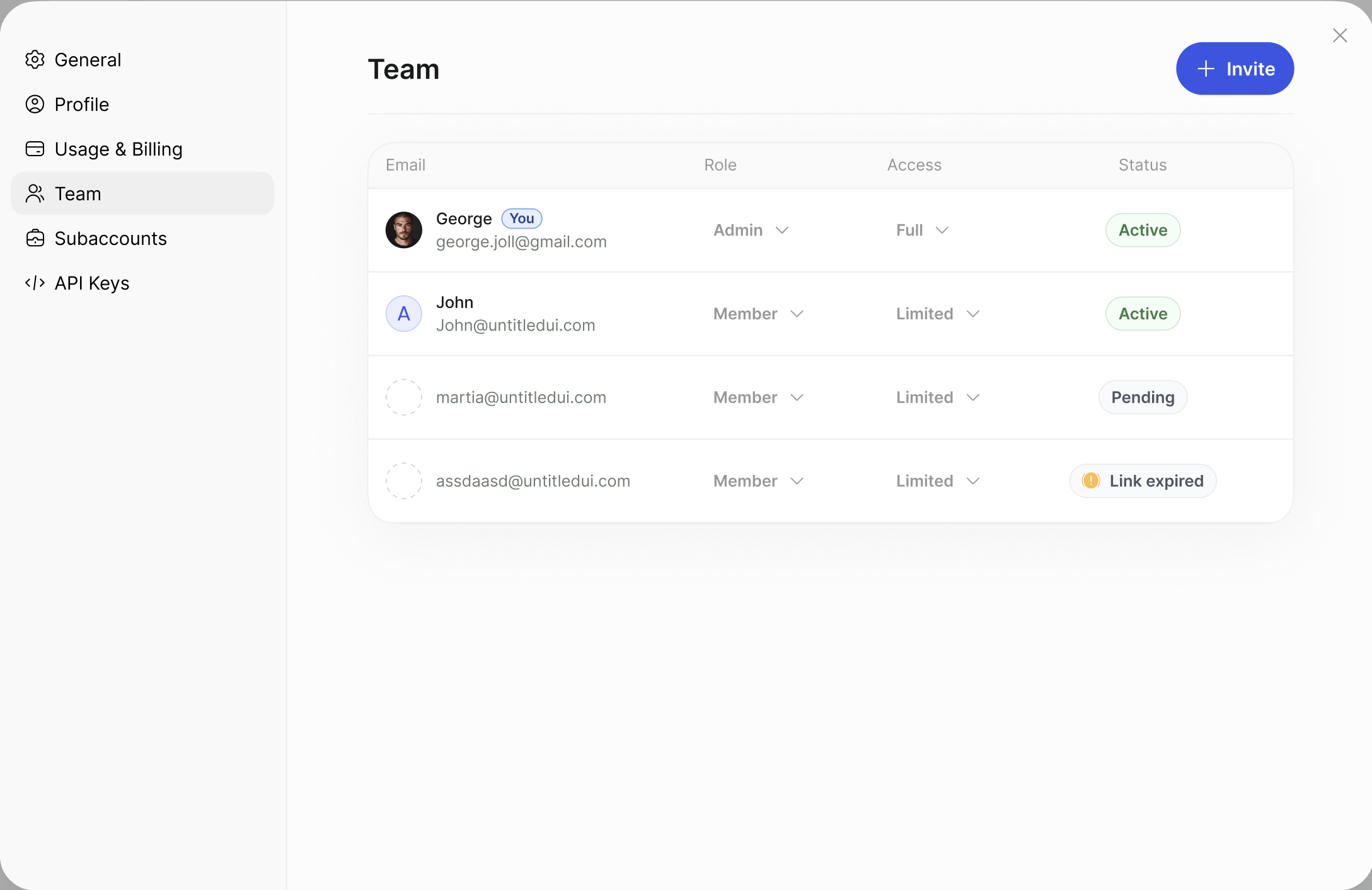 Settings window with Team selected in the left navigation, an Invite button, and a members table with Email, Role, Access, and Status columns showing Active, Pending, and Link expired statuses