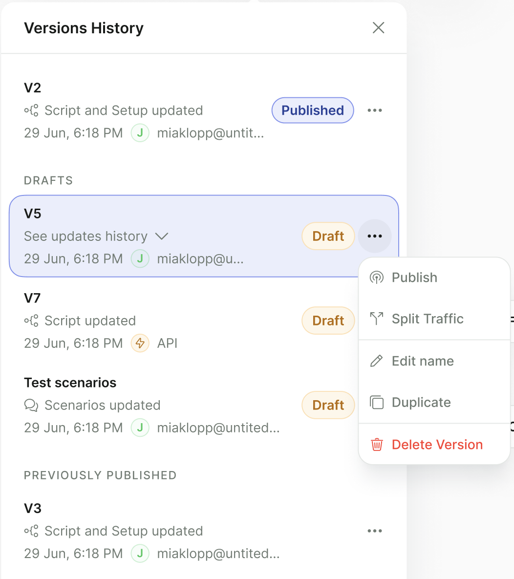 Versions History drawer with the draft V5 selected and its menu open, offering Publish, Split Traffic, Edit name, Duplicate, and Delete Version