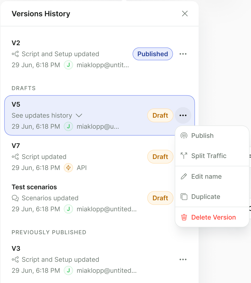 Versions History drawer with the draft V5 selected and its menu open, offering Publish, Split Traffic, Edit name, Duplicate, and Delete Version