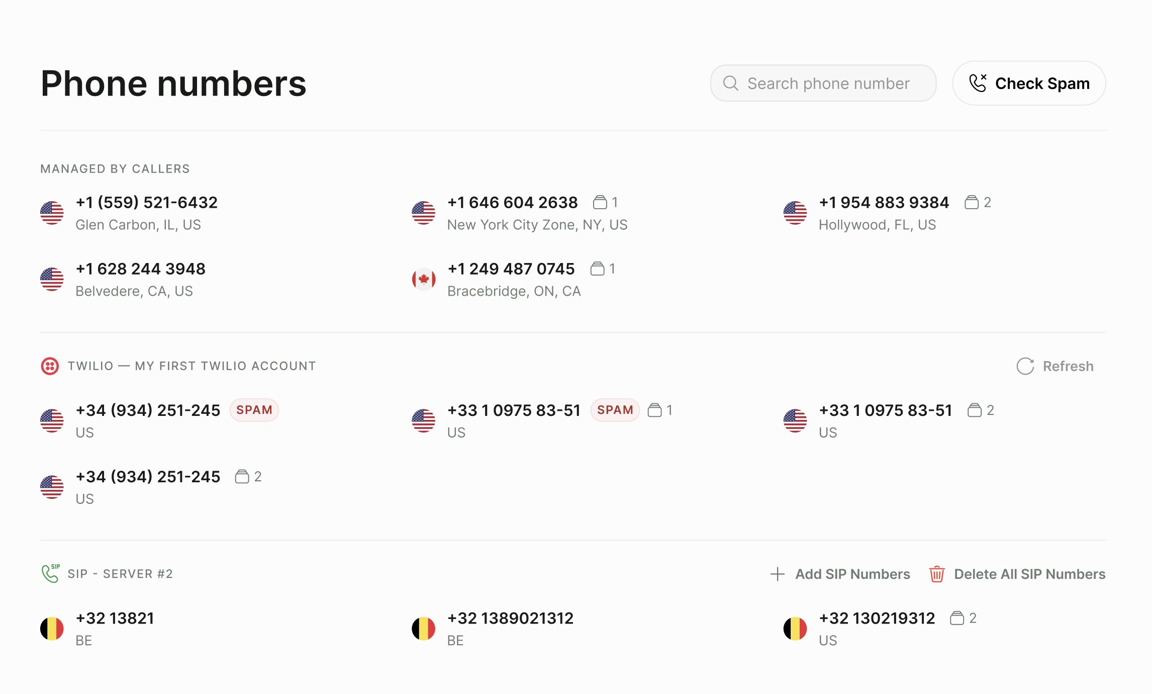 Phone numbers page with a Managed by Callers section, a Twilio section with a Refresh link and SPAM tags on two numbers, and a SIP section with Add SIP Numbers and Delete All SIP Numbers actions