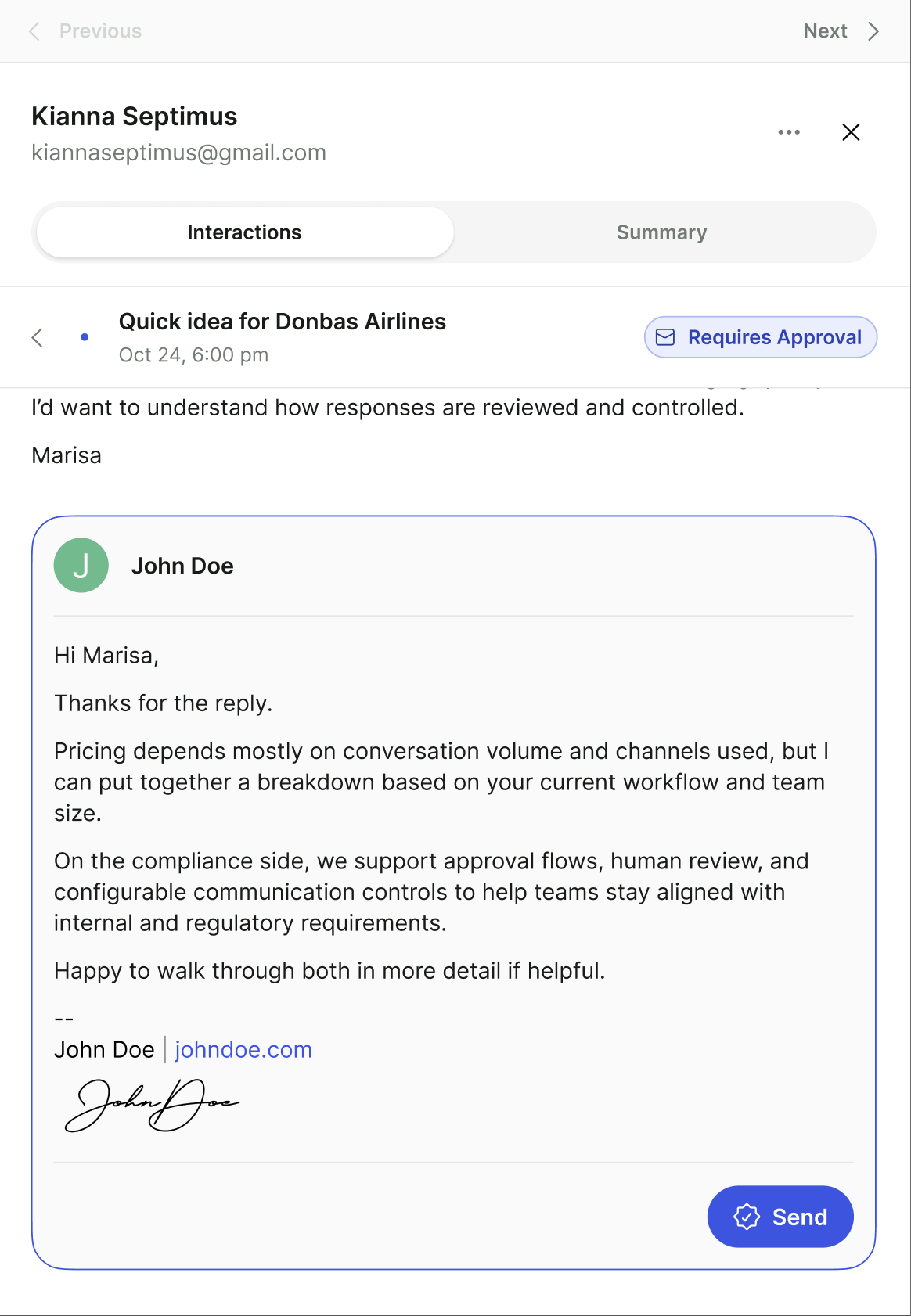 Contact panel on the Interactions tab showing an email thread marked Requires Approval, the agent's draft reply with its signature, and a Send button