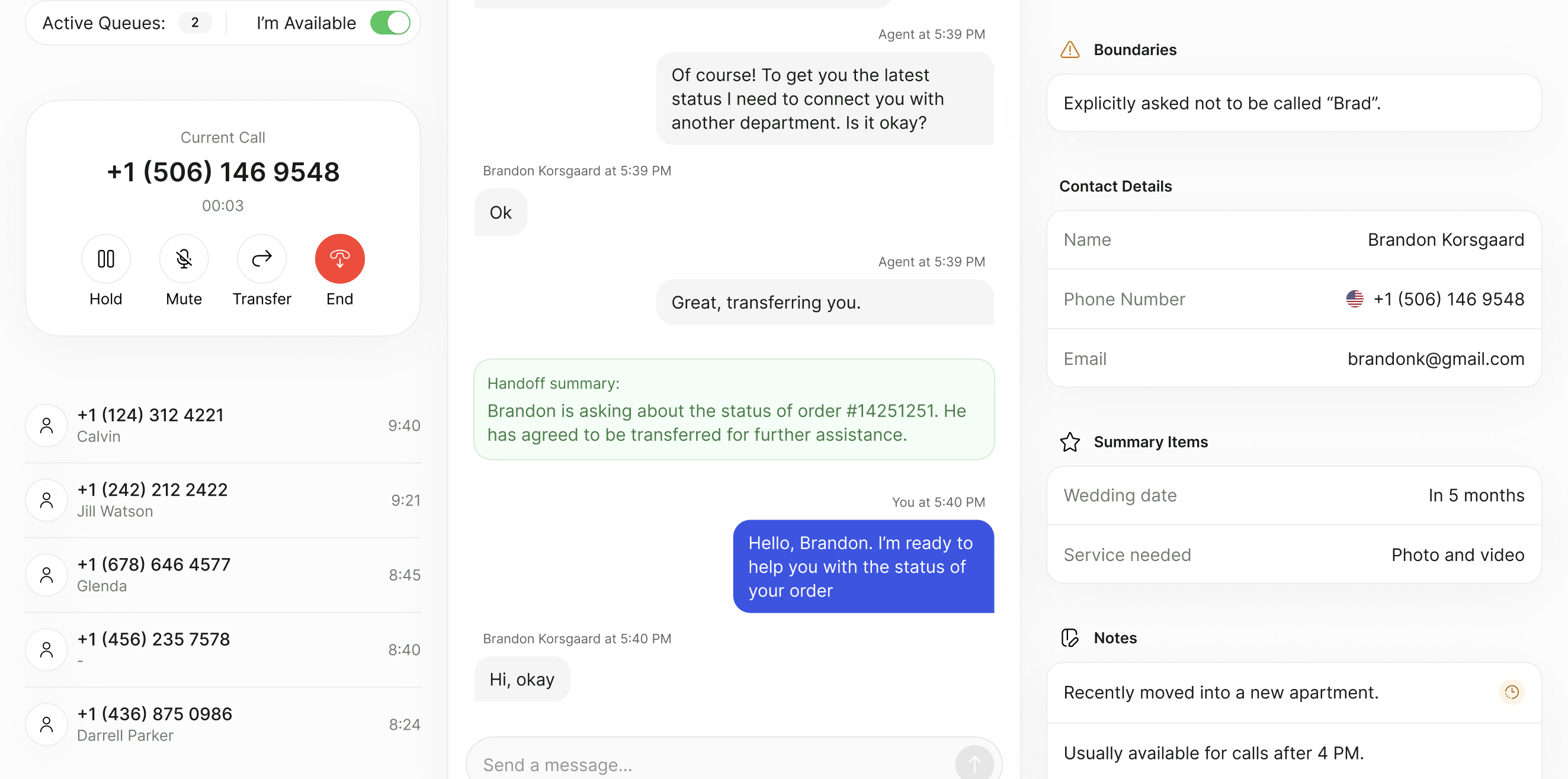 Human Operators workspace with the Active Queues and I'm Available controls, a Current Call card with Hold, Mute, Transfer, and End buttons above a list of conversations, a transcript with the AI agent's handoff summary in the middle, and a Contact Summary panel with Boundaries, Contact Details, Summary Items, and Notes on the right