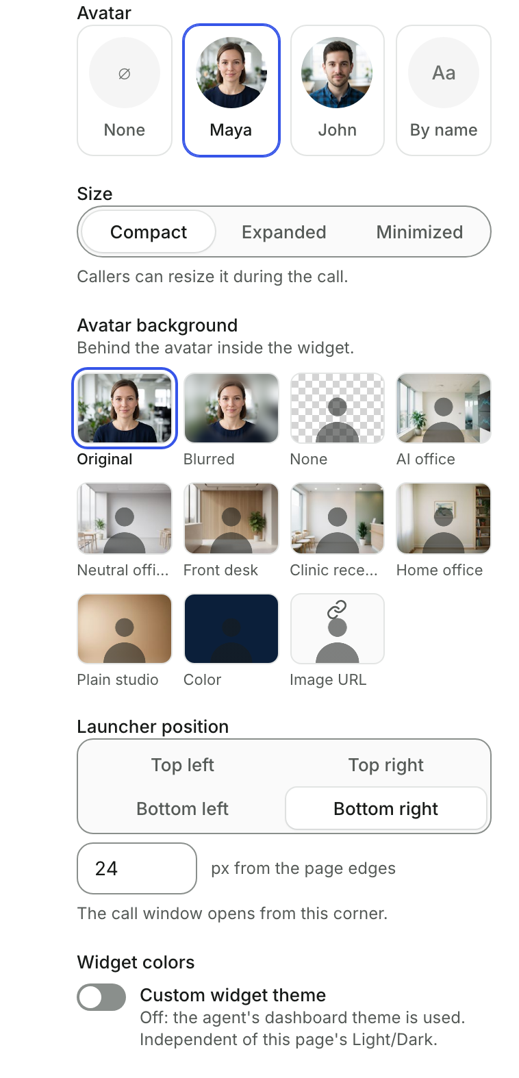 Playground Look panel with Avatar, Size, Avatar background preset tiles and Launcher position controls