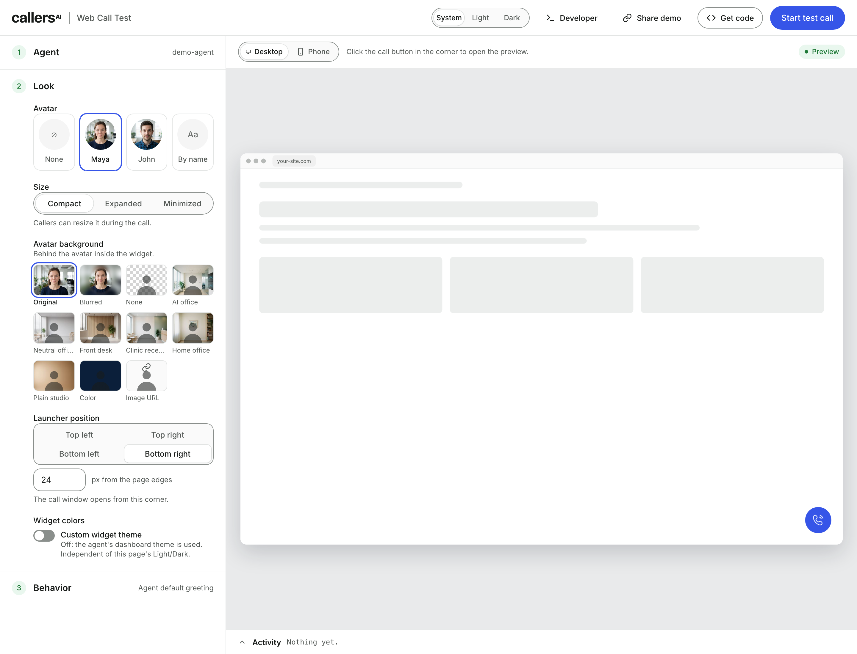 The SDK playground with the avatar pickers on the left and the site preview with the launcher on the right