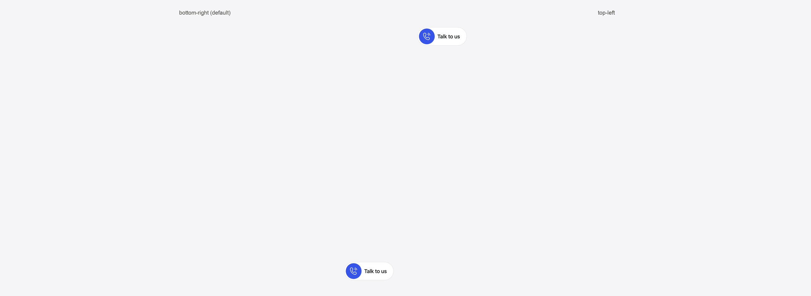 Two page mockups with the Talk to us launcher in the bottom-right and top-left corners
