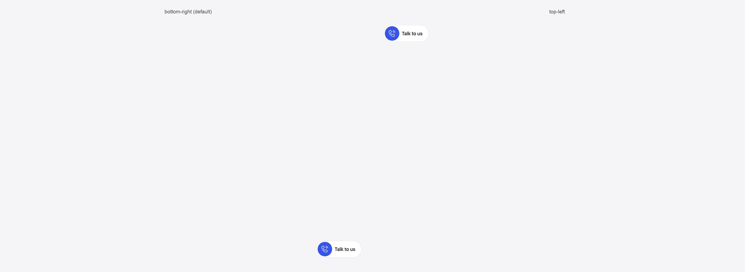 Two page mockups with the Talk to us launcher in the bottom-right and top-left corners