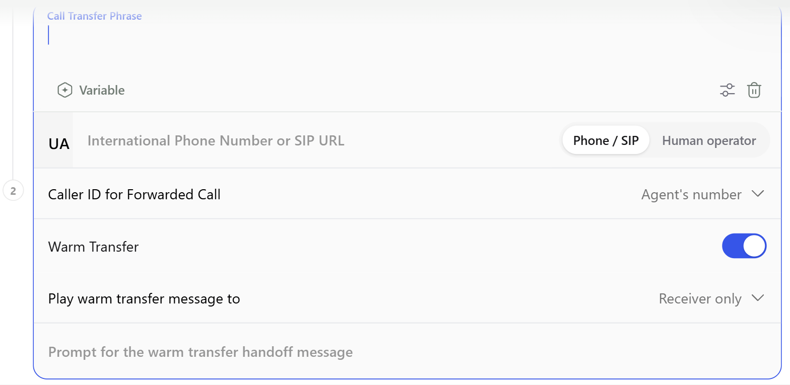 A Call Transfer step with warm transfer turned on