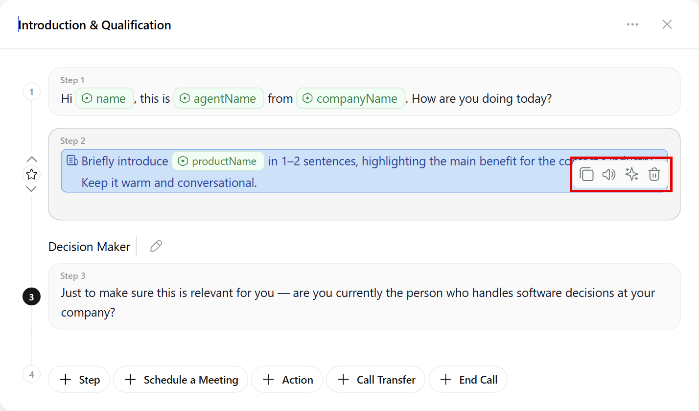 Step toolbar with copy, play, rephrase and delete buttons