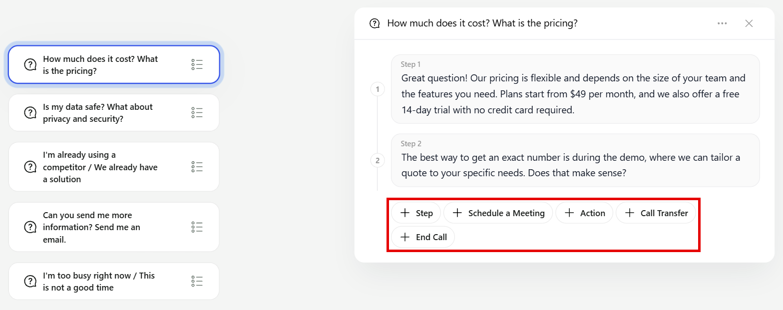 An open pricing scenario with two steps and the Step, Schedule a Meeting, Action, Call Transfer and End Call buttons