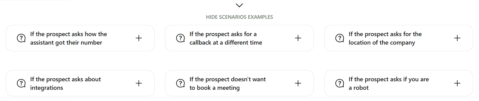 Scenario examples such as callback requests, integrations and whether the agent is a robot