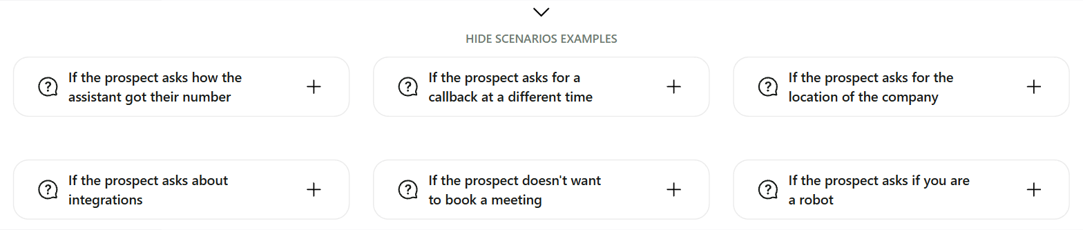 Scenario examples such as callback requests, integrations and whether the agent is a robot