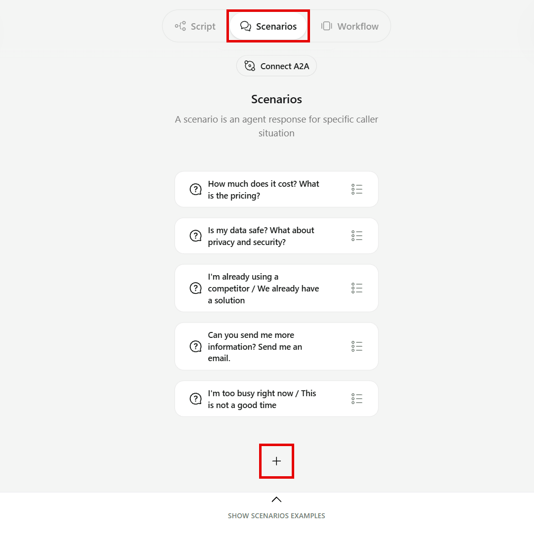 The Scenarios tab with a list of scenarios and the plus button to add one