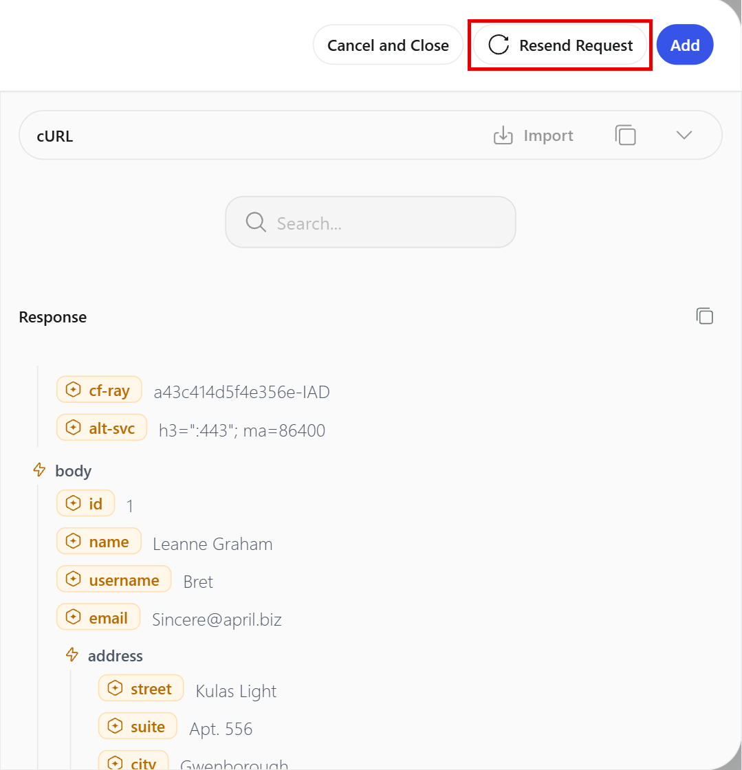 The response panel with the headers and body returned by a test request