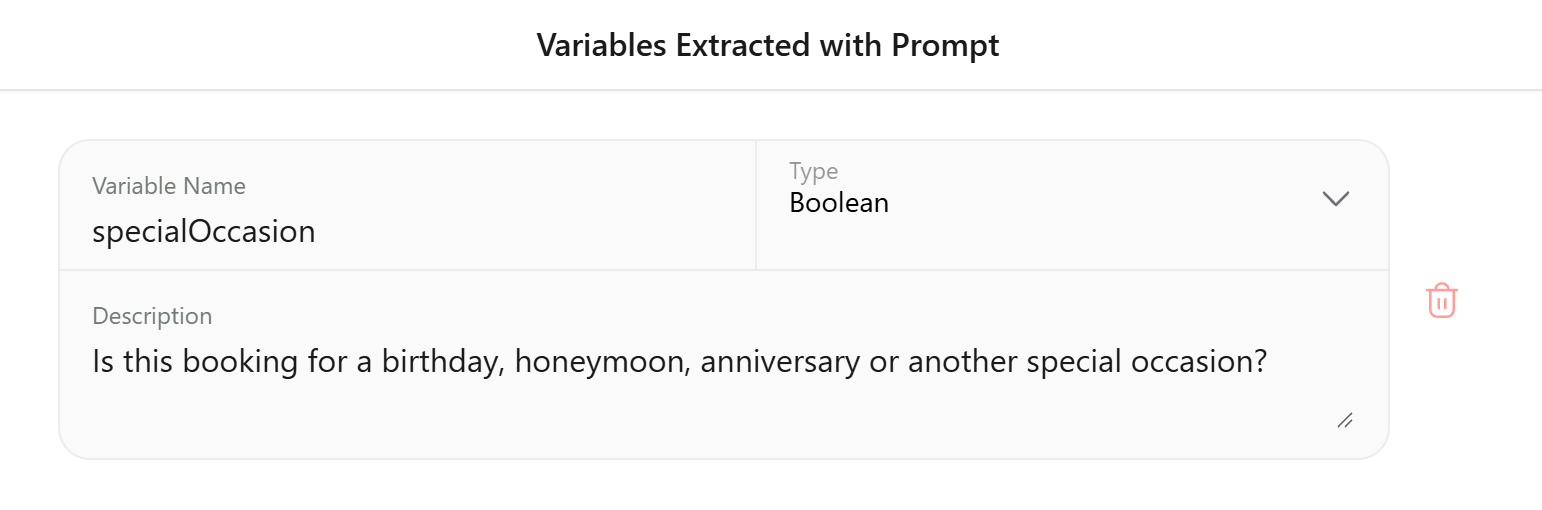 Variables Extracted with Prompt with a Boolean variable and its description
