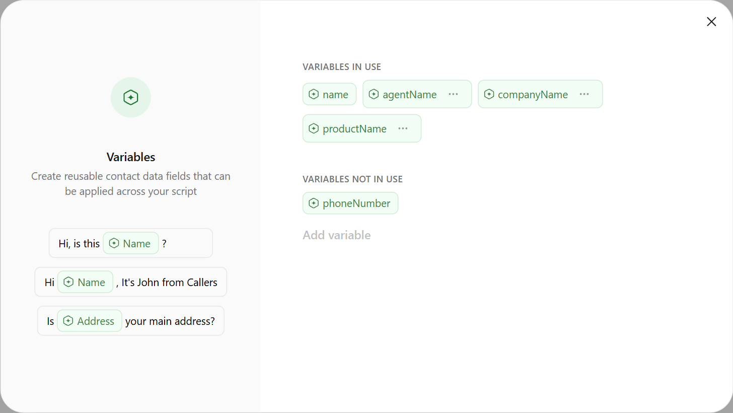 The Variables panel listing variables in use and not in use