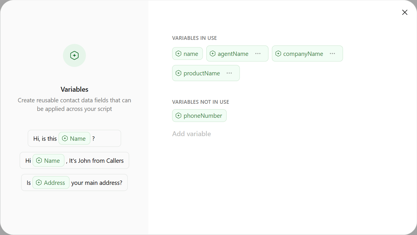 The Variables panel listing variables in use and not in use
