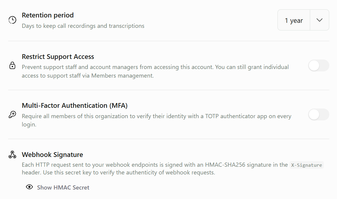 Retention period, Restrict Support Access, Multi-Factor Authentication (MFA) and Webhook Signature on the General tab