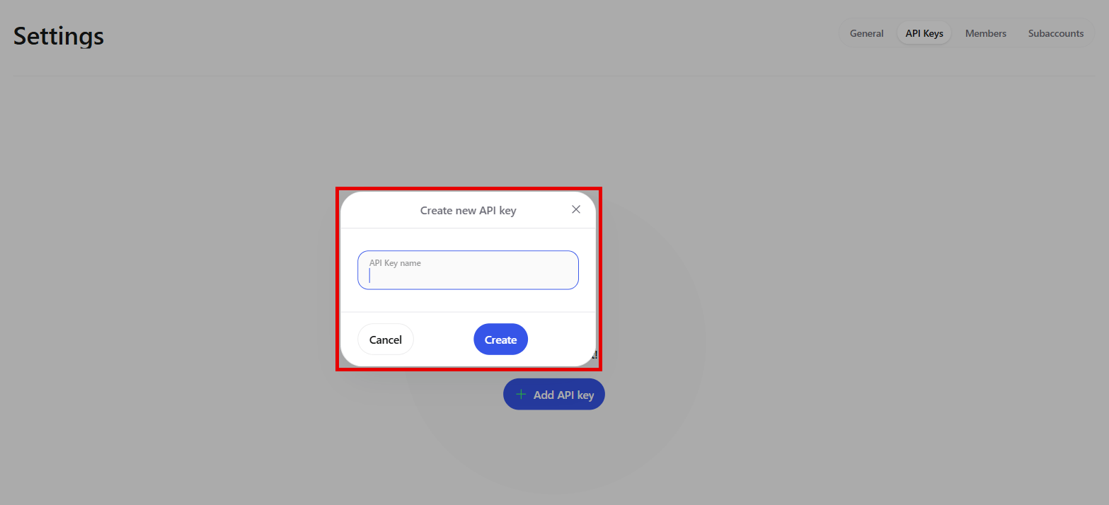 Settings with the API Keys tab and the Create new API key dialog