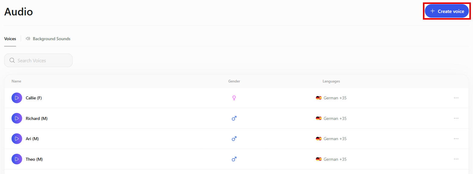 The Audio page with the Voices tab, the Search Voices field, the voice list and the Create voice button