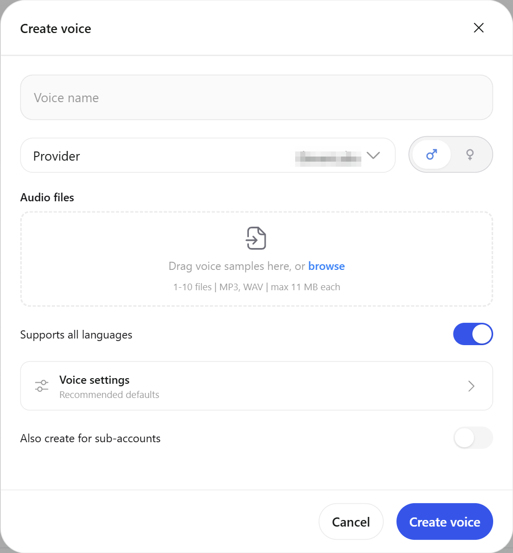 The Create voice dialog with Voice name, Provider, gender, Audio files, Supports all languages, Voice settings and Also create for sub-accounts