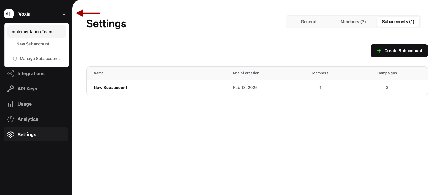 subaccounts dropdown