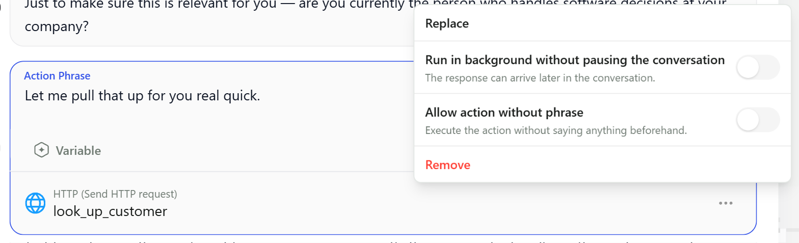 The Action step menu with Replace, Run in background, Allow action without phrase and Remove