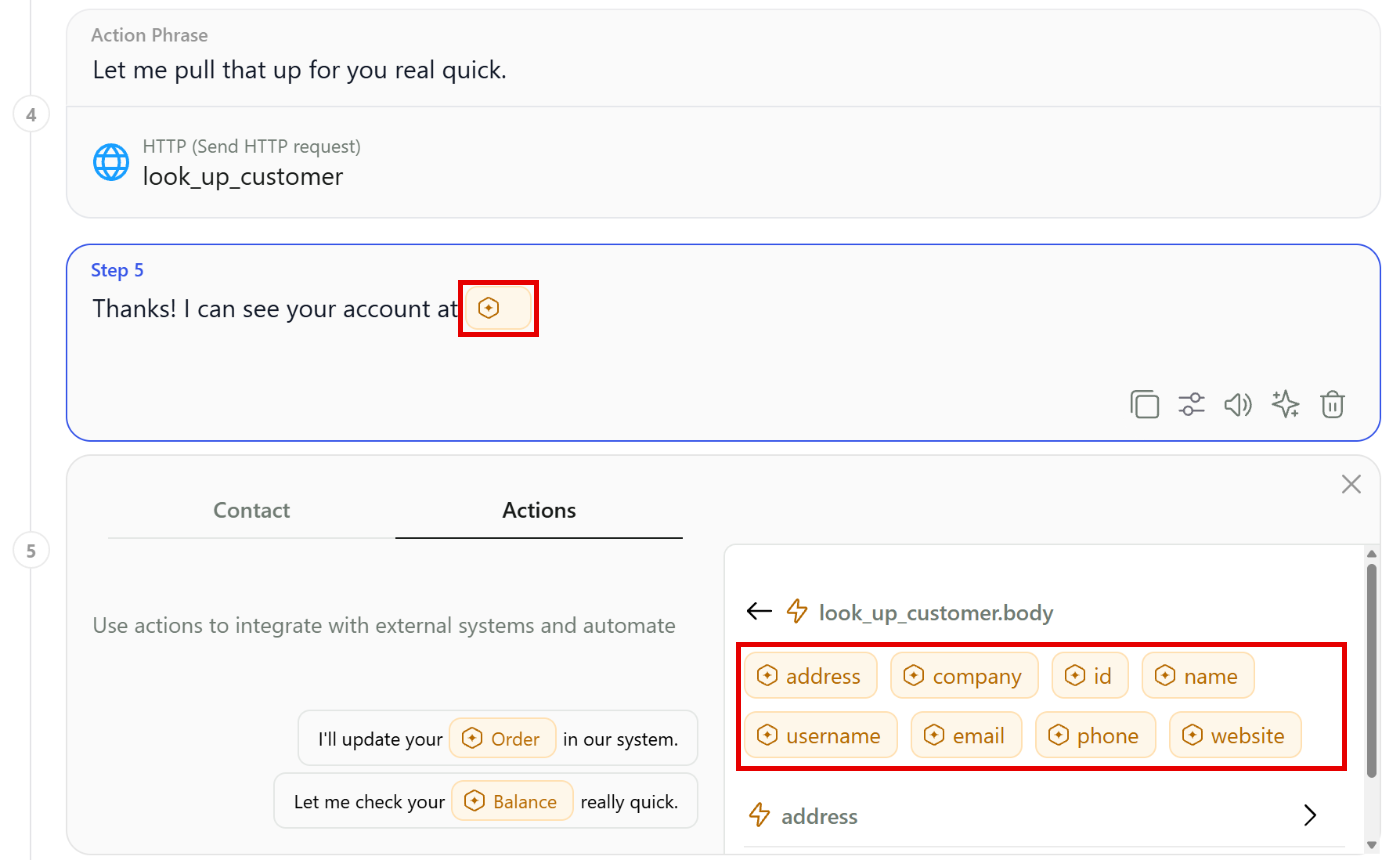 A step after the action with the Actions tab of the variable picker showing the response body fields