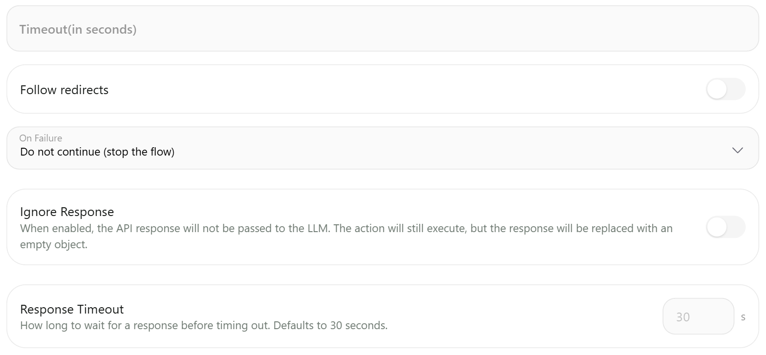 Timeout, Follow redirects, On Failure, Ignore Response and Response Timeout settings
