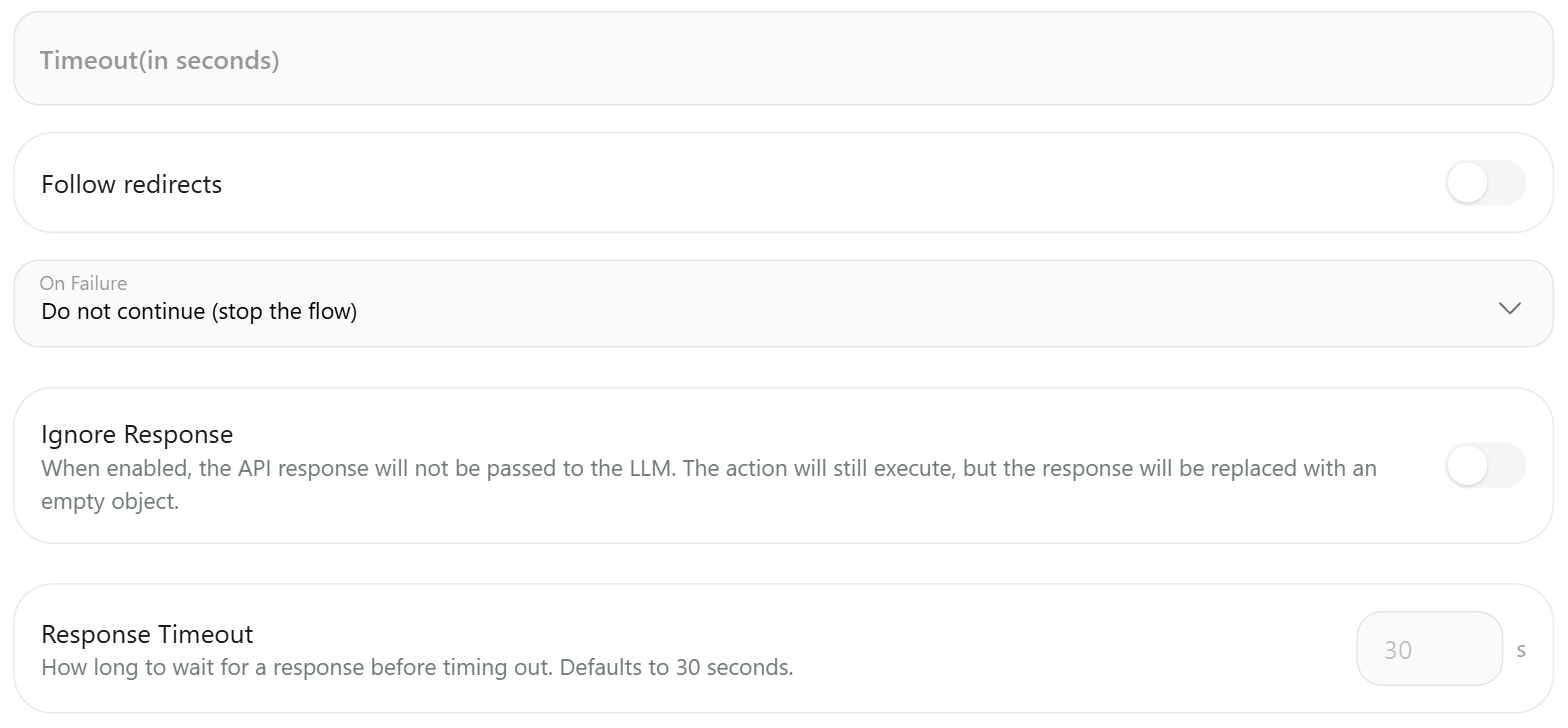 Timeout, Follow redirects, On Failure, Ignore Response and Response Timeout settings