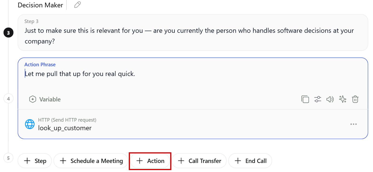 An Action step with its action phrase and a custom HTTP action, and the Action button in the node footer
