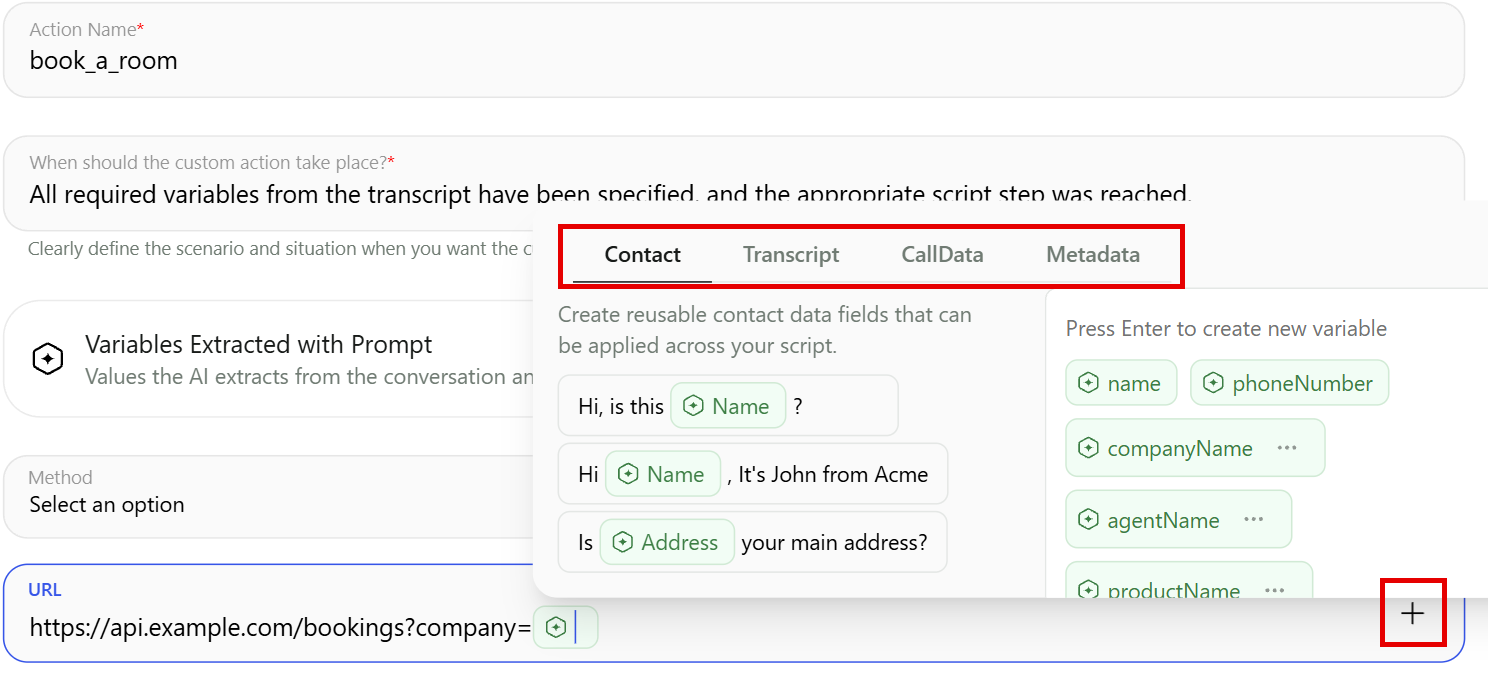 A custom Action URL field with the plus button and the variable picker showing the Contact, Transcript, CallData and Metadata tabs