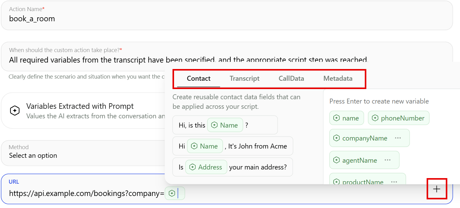 A custom Action URL field with the plus button and the variable picker showing the Contact, Transcript, CallData and Metadata tabs