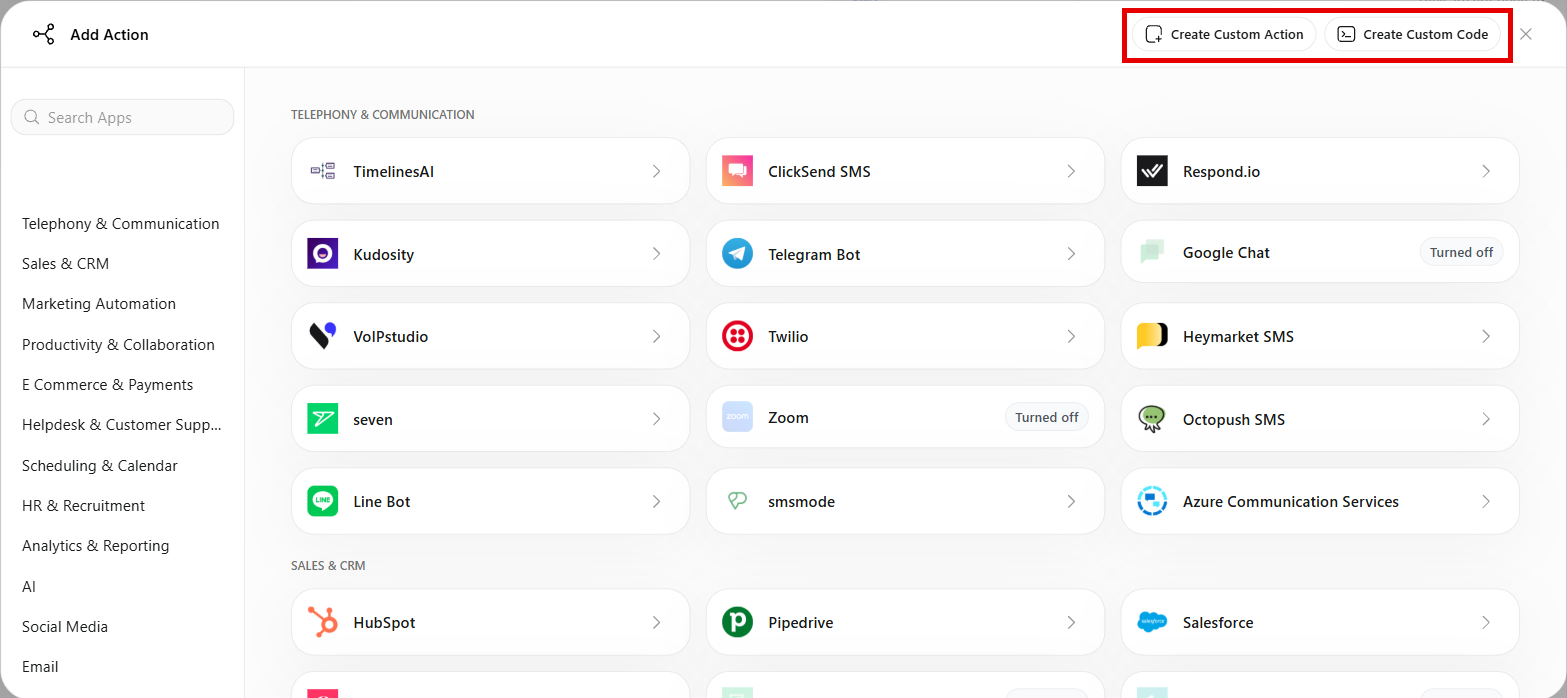 The Add Action window with integrations by category and the Create Custom Action and Create Custom Code buttons