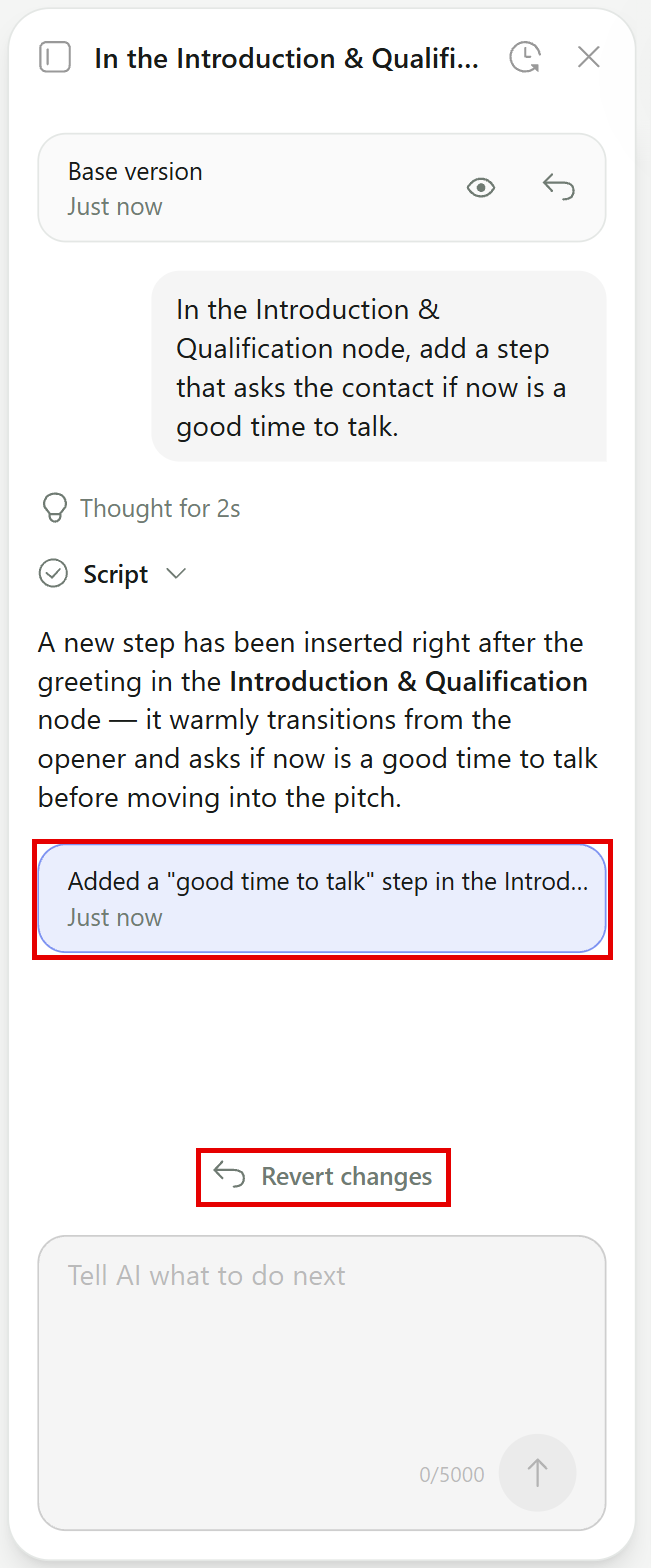 The AI chat with a request, the Script change summary, the change card and Revert changes