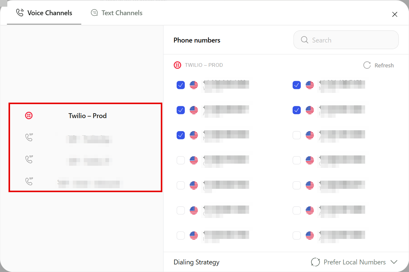 The Voice Channels tab with connected providers on the left, phone numbers with checkboxes on the right and the Dialing Strategy setting