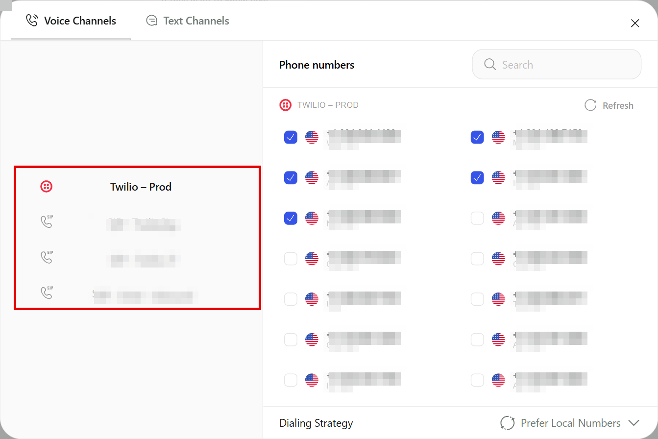 The Voice Channels tab with connected providers on the left, phone numbers with checkboxes on the right and the Dialing Strategy setting