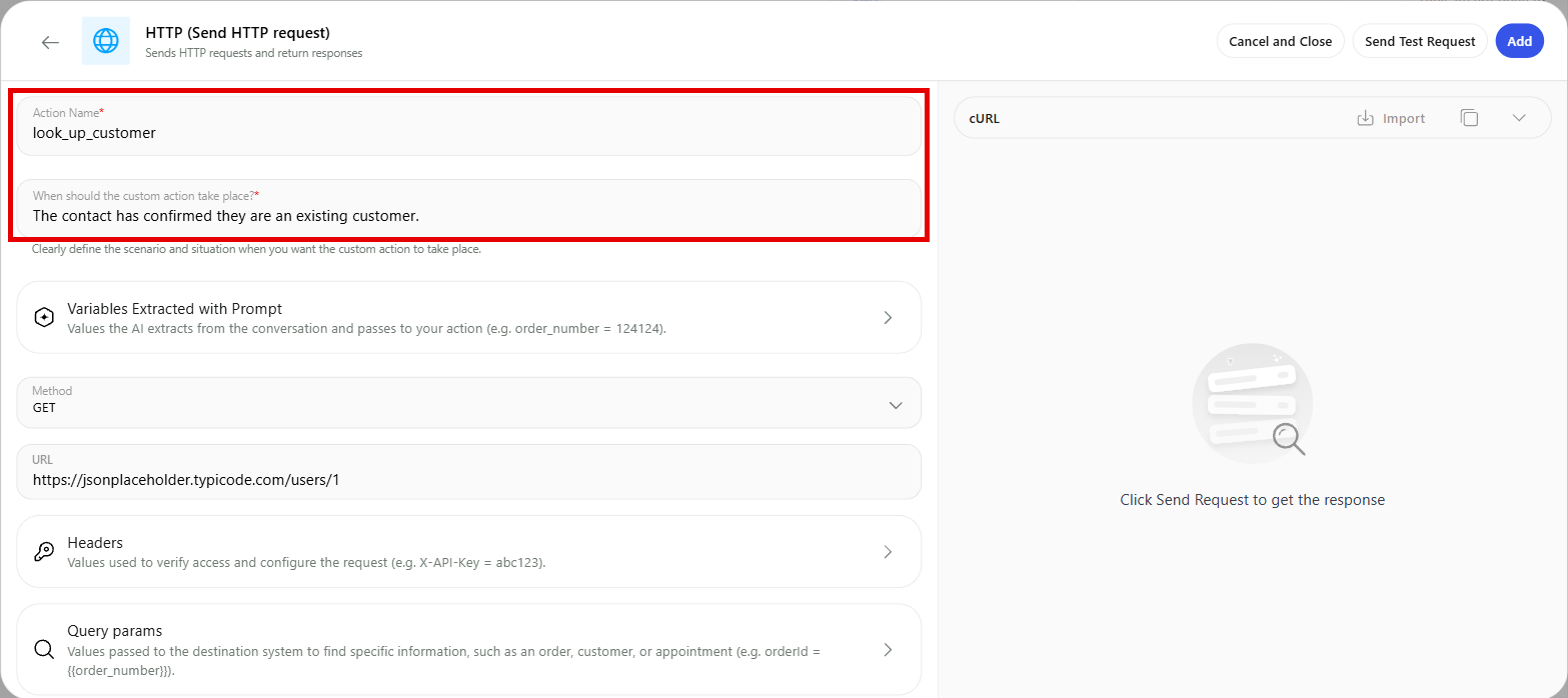 The HTTP (Send HTTP request) form with the action name, the trigger description, method and URL