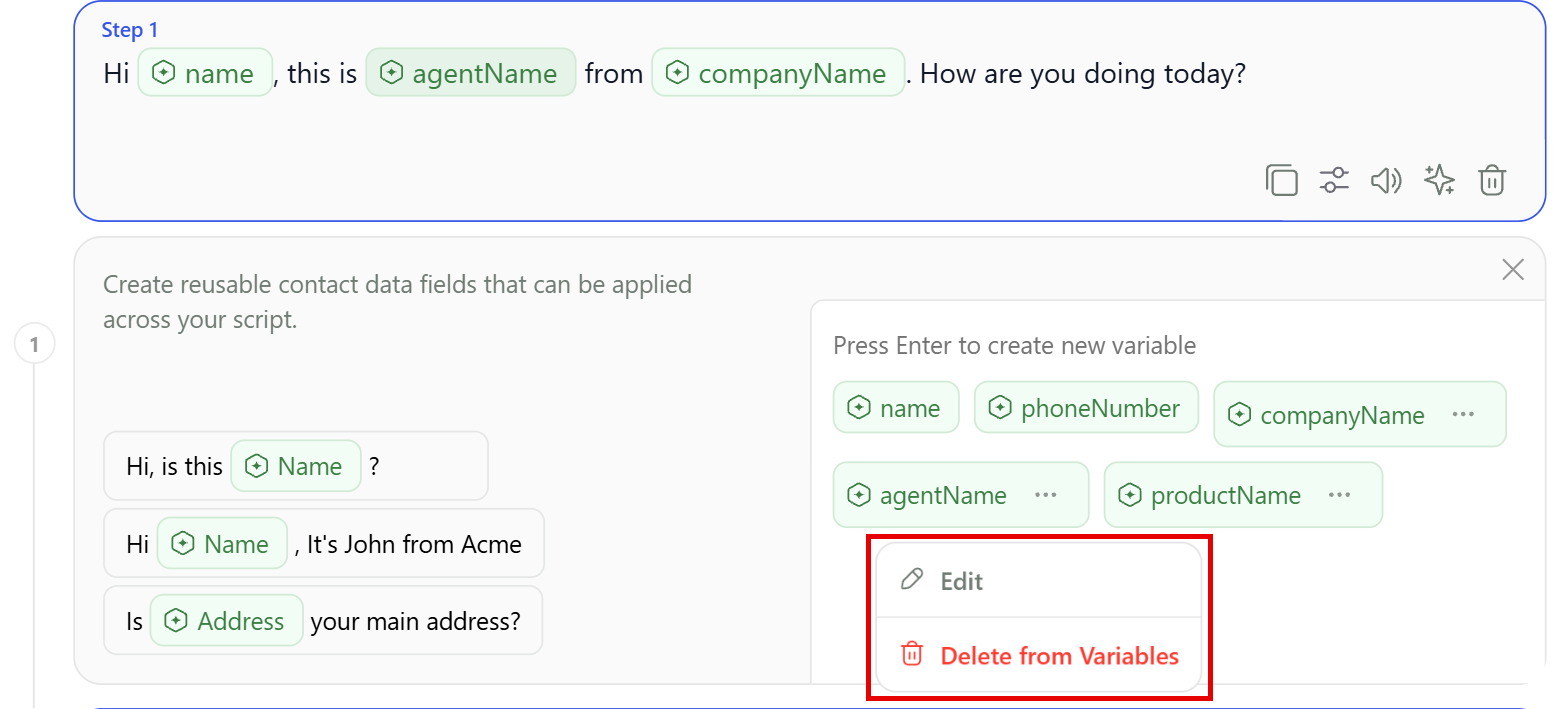 The options menu of a variable with Edit and Delete from Variables