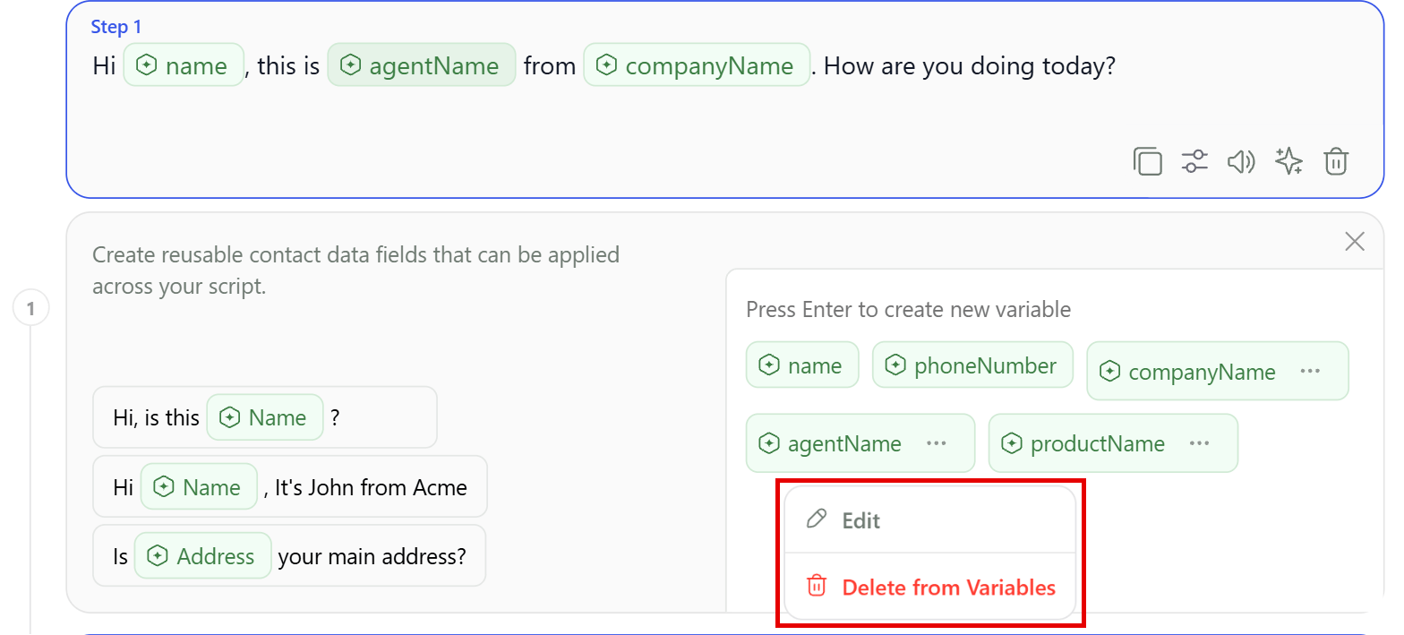 The options menu of a variable with Edit and Delete from Variables