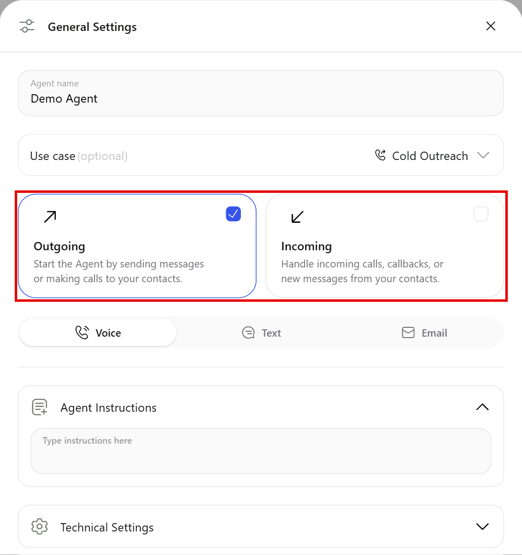General Settings with the agent name, use case, Outgoing and Incoming cards, channel tabs and Agent Instructions
